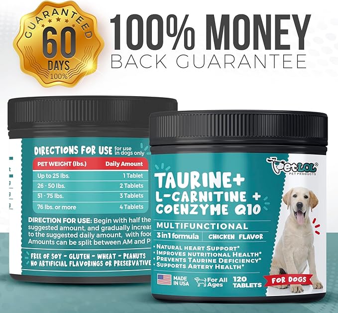 Taurine Supplement for Dogs with L-Carnitine and Coenzyme Q10 (CoQ10): Vet Endorsed for Enlarged Heart (DCM), Congestive Heart Failure, Taurine Deficiency: 3-in-1 Multivitamin Dog Supplements- 120ct
