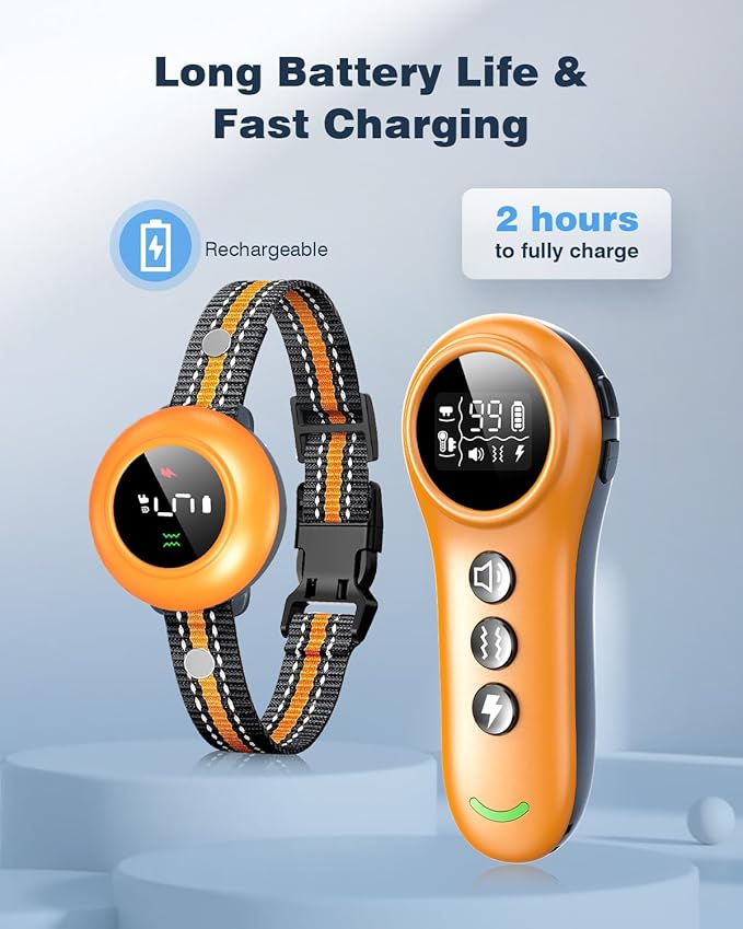 2-in-1 Dog Shock Collar & Dog Bark Collar - Smart Anti Barking Dog Training Collar with 5 Adjustable Sensitivity & 3300FT Remote for All Breeds IP67 Waterproof Rechargeable E-Collar (Orange)
