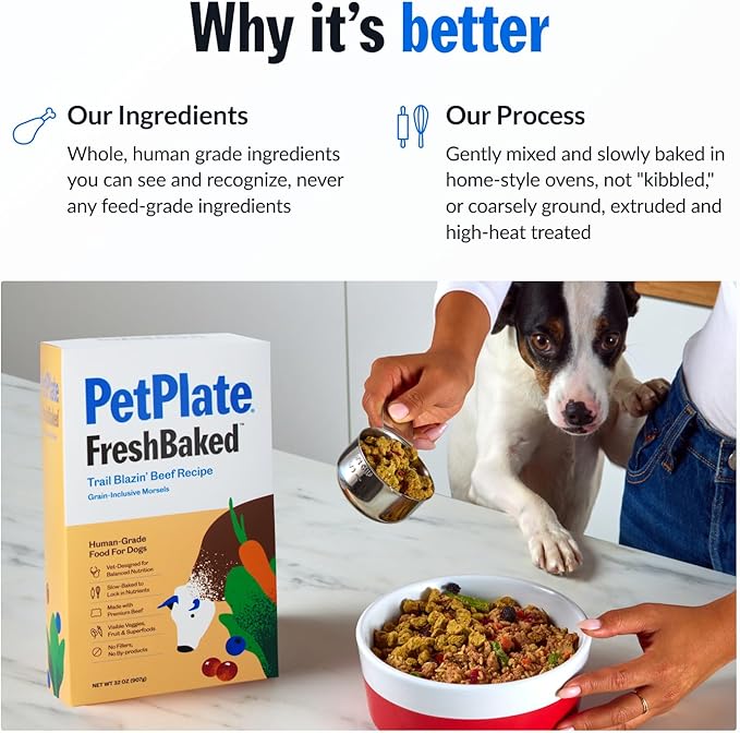 PetPlate FreshBaked Dry Dog Food Grain-Inclusive | Human Grade Dog Kibble | Vet Designed and Formulated with Prebiotics and Postbiotics | No Fillers or by-Products | 2lbs (Beef)