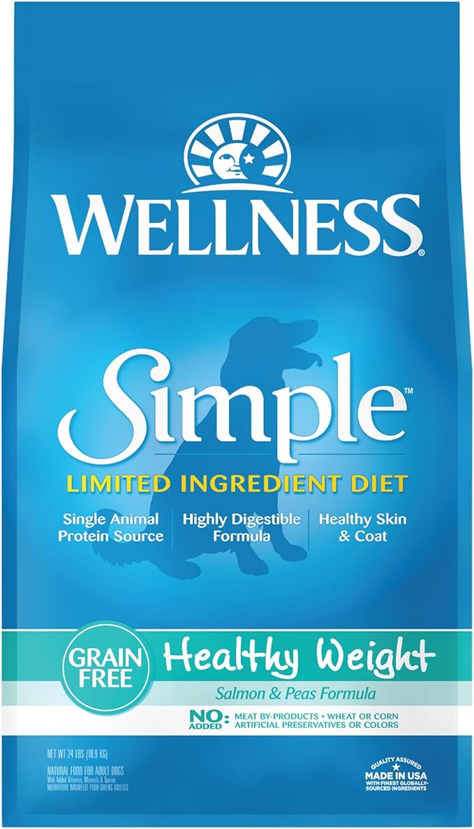 Wellness Natural Pet Food Simple Natural Limited-Ingredient Grain-Free Dry Dog Food, Easy to Digest for Sensitive Stomachs, Supports Skin & Coat (Healthy Weight, Salmon and Peas, 24-Pound Bag)