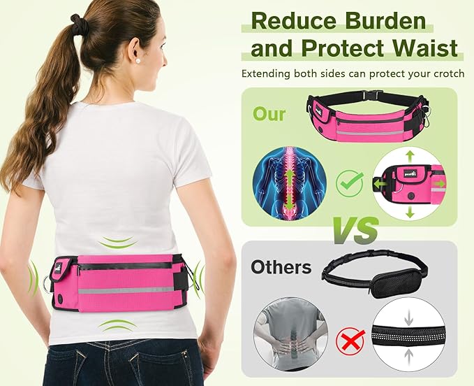 Pecute Hands Free Dog Leash with Pouch, Waist Belt Fanny Pack with Soft Pads, Dual Padded Handles, and Durable Bungee for Walking, Hiking, Jogging Biking, and Running (Up to 220lbs) Pink