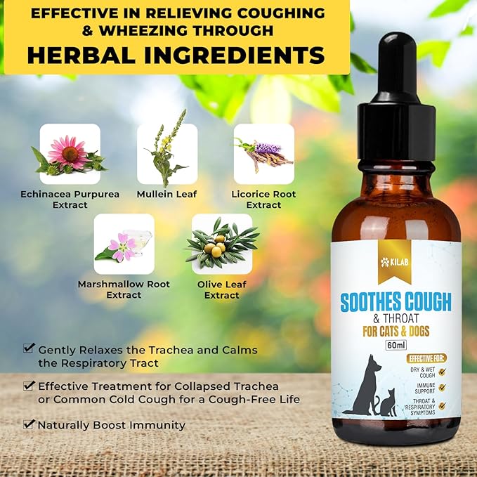 Respiratory Relief: Natural Cat and Dog Cough Medicine - Soothes Sneezing, Treats Kennel Cough, Supports Trachea Collapse and Pet Asthma (60 ML)