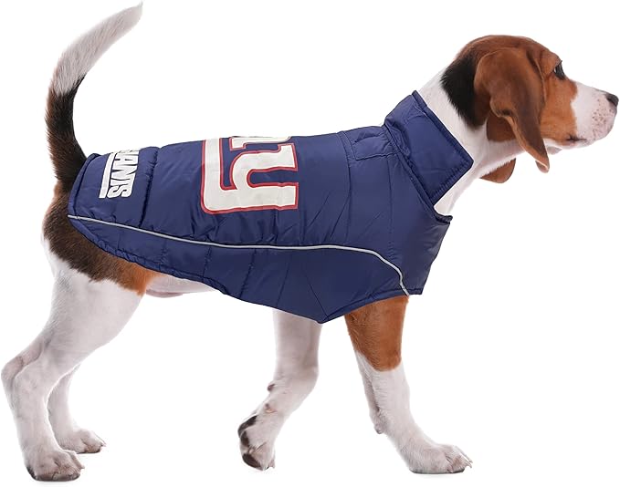 NFL New York Giants Puffer Vest for Dogs & Cats, Size Large. Warm, Cozy, and Waterproof Dog Coat, for Small and Large Dogs/Cats. Best NFL Licensed PET Warming Sports Jacket