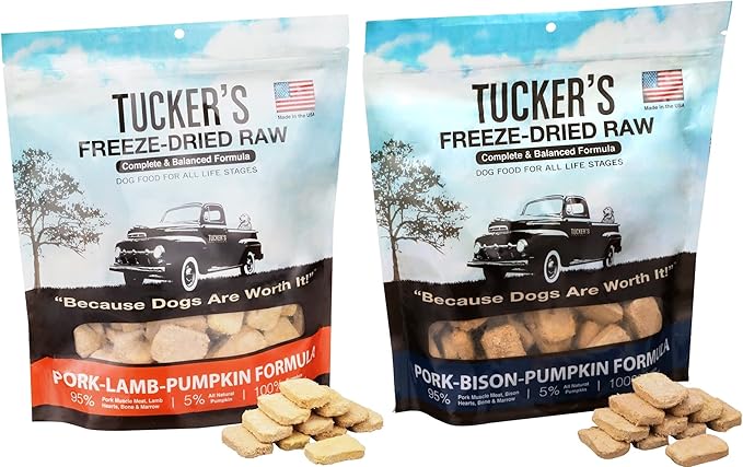 Tucker's Raw Frozen Freeze Dried Raw Dog Food, Pork, Lamb & Pumpkin Formula and Pork, Bison & Pumpkin Formula, Red Meat Variety Pack of 2