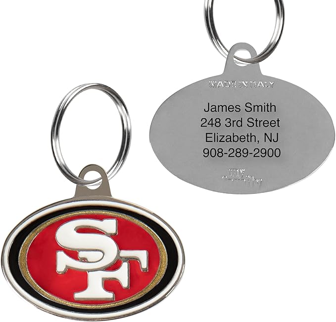 NFL San Francisco 49ERS Engraving Pet ID Tags in 32 Team Logo Shapes Personalized Dog Tags and Cat Tags with 3 Lines of Customizable Text for Tracking & Safety. Stainless Steel Pet ID Tracking Tags