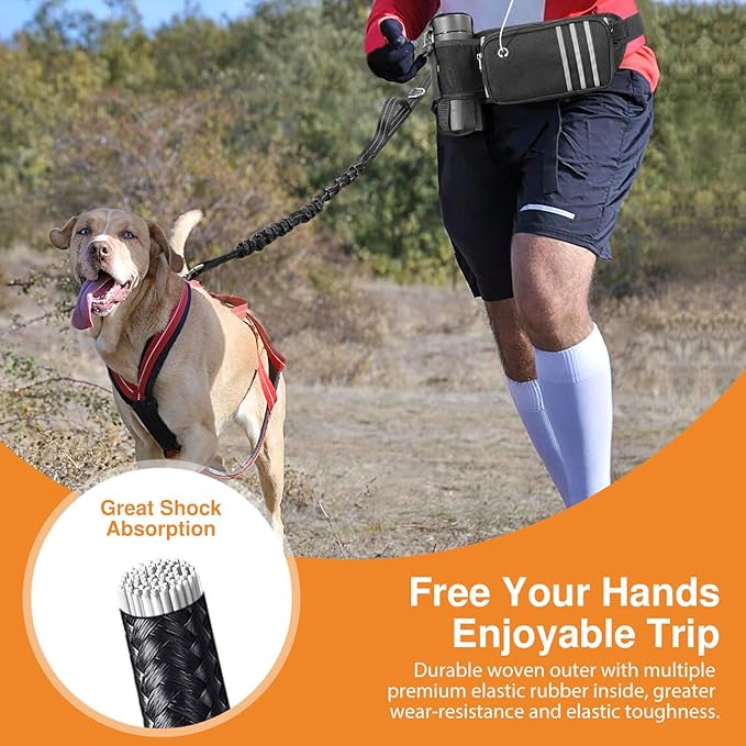 Pawaboo Hands Free Dog Leash with Waist Bag, Dog Leash with Zipper Pouch, Retractable Dog Running Belt Bag, Dog Walking Leash Shock Absorption, Padded Handle Lead for Jogging Hiking (25-120 lbs)