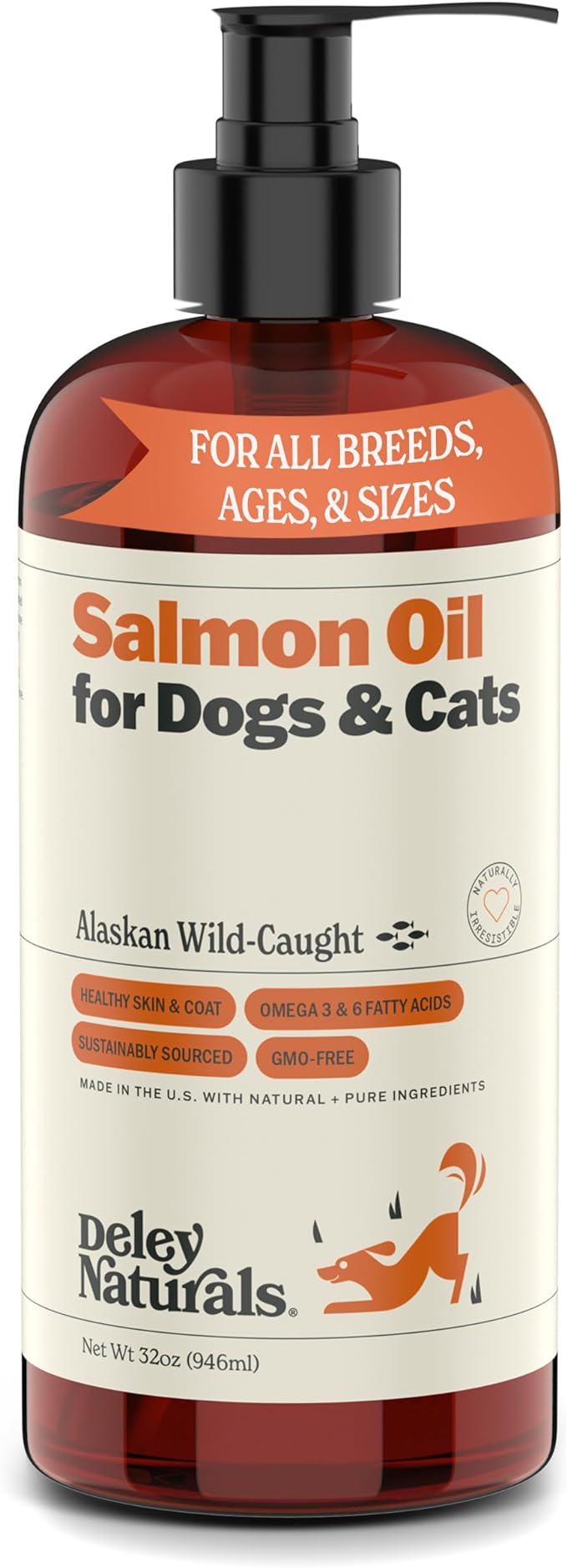 Deley Naturals Premium Alaskan Wild Caught Salmon Oil for Dogs and Cats - Omega-3 Rich Fish Oil Supplement for Healthy Skin, Coat, and Joints - All-Natural, Sustainably Sourced - 32 Oz