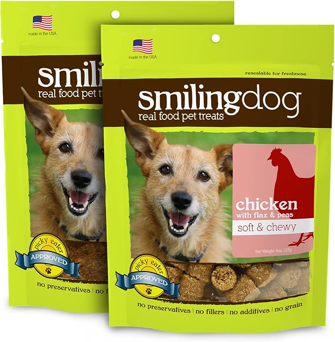 Herbsmith Smiling Dog Treats - Soft and Chewy Dog Treats for Senior Dogs - Dog Training Treats - Real Chicken Dog Treats with Flax & Peas - Bundle of 2