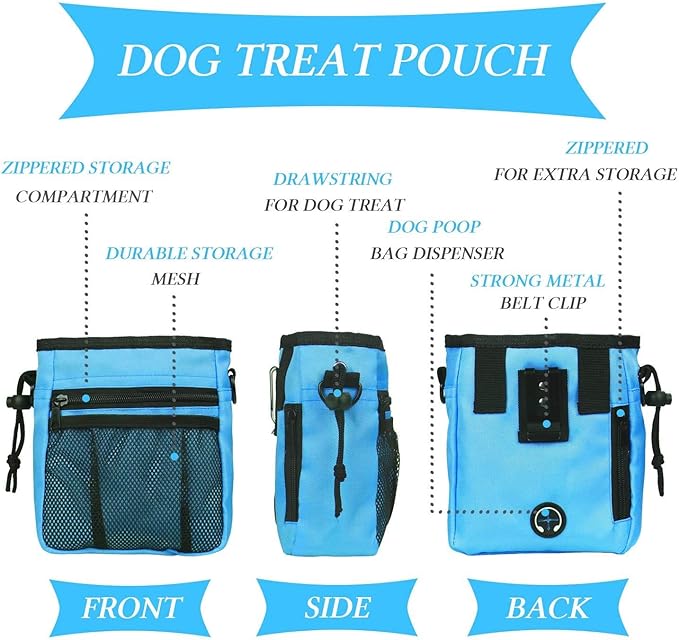 4-in-1 Dog Training Set, Puppy Training Treats- Dog Treat Training Pouch, Dog Whistle, Dog Doorbells, Dog Clicker, Ideal Gift for First Time Pet Owners, Training Dog Owners (Blue)
