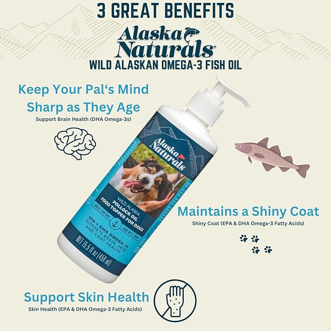 Sustainable Wild Alaskan Fish Oil for Dogs Skin and Coat – EPA + DHA Omega 3 Oil - Fatty Acids Dog Supplements - Support Fur Coat and Brain Health - Natural Liquid Food Topper for Pets – 15.5 oz. Pump