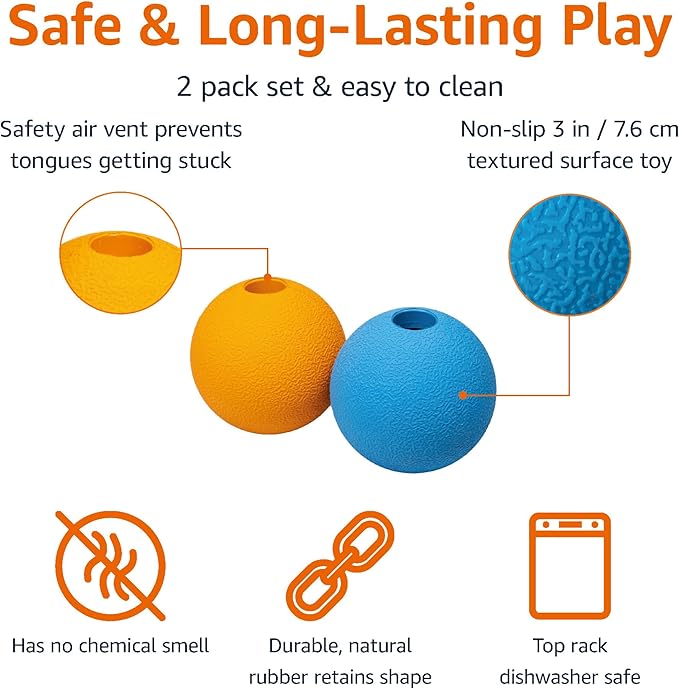 Amazon Basics Rubber Fetch Toy Dog Balls, 3-Inch, 2-Pack, Blue, Orange