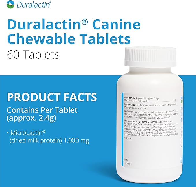 PRN Pharmacal Duralactin Canine Chewable Tablets - Joint Health Supplement for Dogs & Puppies Supports Mobility & Wellness - Tablets Containing Dried Milk Protein - Vanilla Flavor - 60 Canine Chews