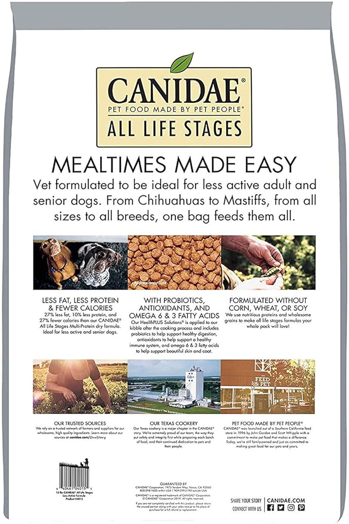 Canidae All Life Stages Premium Dry Dog Food for Less Active Dogs, All Ages, Chicken, Turkey & Lamb Meals, 15 lbs.