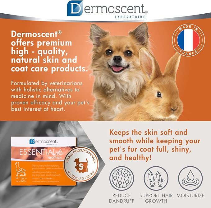 Dermoscent Essential 6 spot-on - Dog Skin Care for Dandruff & Allergy Relief with Vitamin E Oil - Anti Itch for Dogs - Dog & Small Mammals 0-10 kg - 4 Pipettes of 0.6 ml