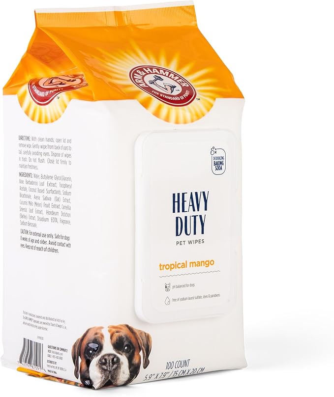 Arm & Hammer for Pets Heavy Duty Multipurpose Pet Bath Wipes | Dog Wipes Remove Odor & Refreshes Skin | Mango Scent, 100 Count, Dog Grooming Wipes for Pets