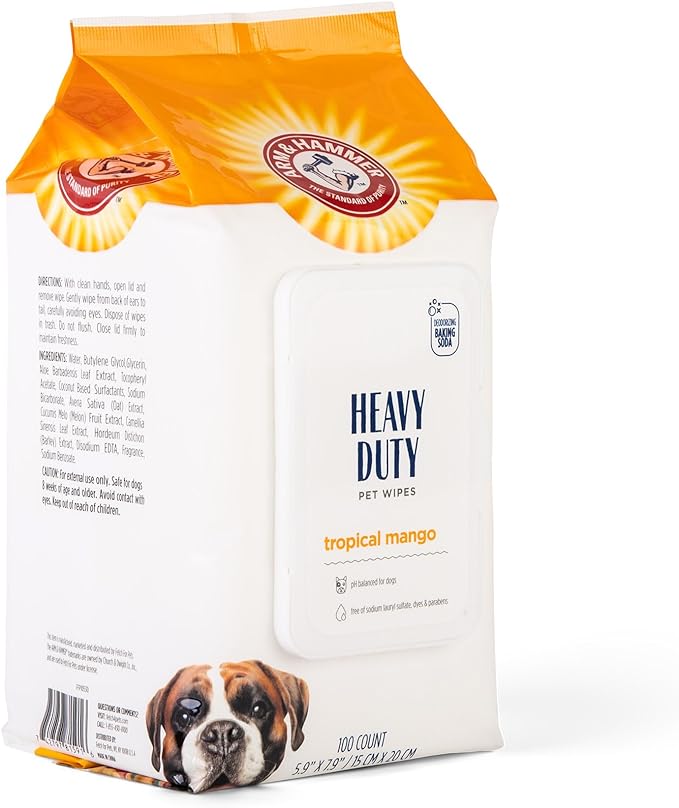 Arm & Hammer for Pets Heavy Duty Multipurpose Bath Wipes for Dogs | All Purpose Dog Wipes Remove Smell & Refresh Skin for Pets| Fruity Mango, Hundred Count - 3 Pack of Pet Wipes