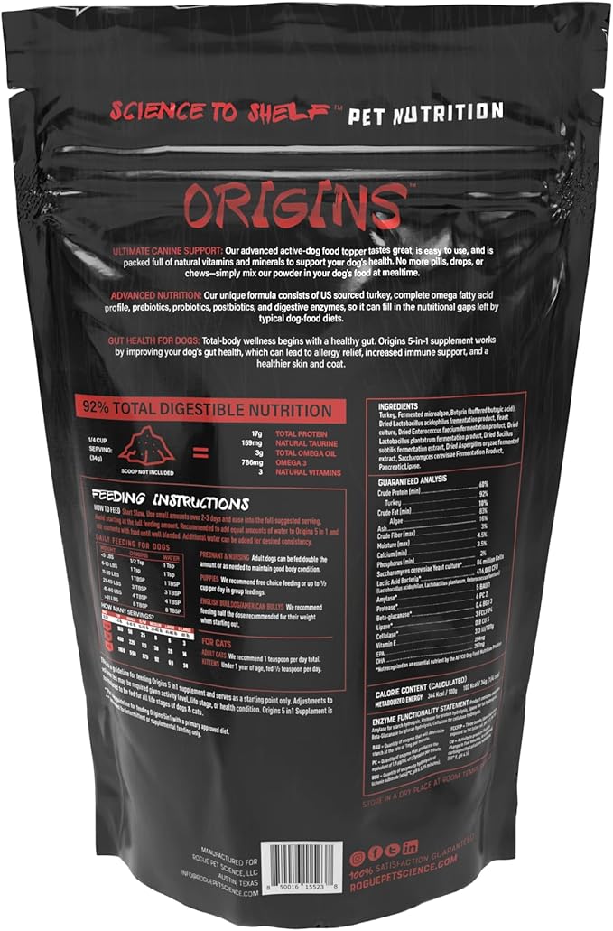 Origins 5-in-1 Dog Supplement - Powdered Food Topper w/Natural Turkey Protein- Supports Healthy Digestion, Skin, and Coat - Helps Reduce Itching & Joint Inflammation (0.5LB)