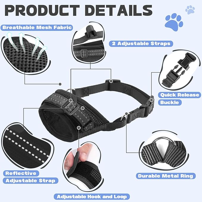 Dog Muzzle Soft Air Mesh Muzzle for Medium Dogs, Adjustable Pet Muzzle for Small and Large Dogs to Drink Normally, Breathable Reflective Muzzle for Dogs to Prevent Biting(Black,S-4)