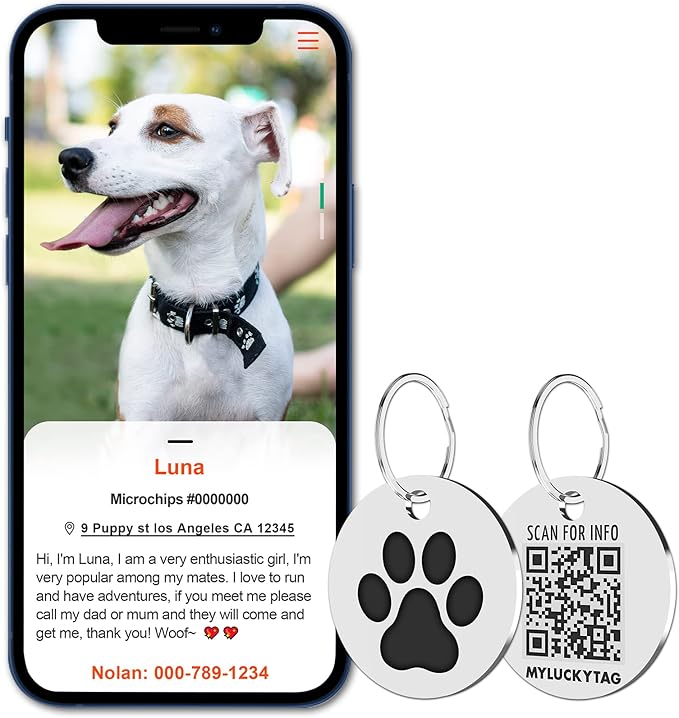 MYLUCKYTAG Stainless Steel QR Code Pet ID Tags Dog Tags - Pet Online Profile - Scan QR Receive Instant Pet Location Alert Email