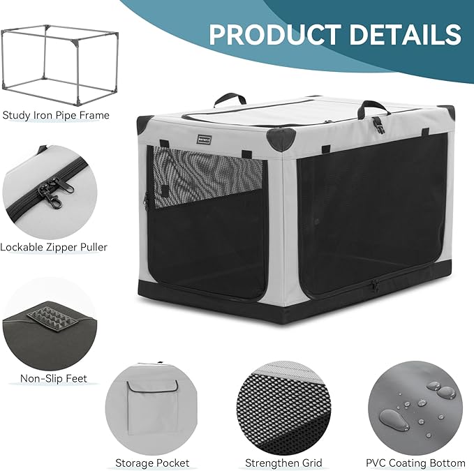 Petsfit 36 Inch Dog Crates, Adjustable Fabric Cover by Spiral Iron Pipe, Chew Proof 3 Door Design, Soft Collapsible Dog Kennel Grey