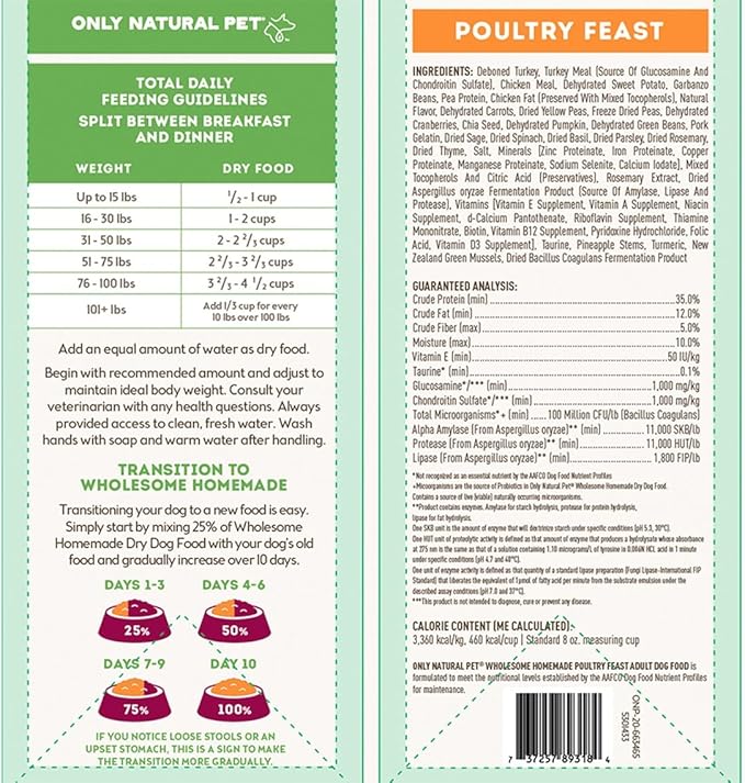 Only Natural Pet Wholesome Homemade Poultry Feast Dehydrated Dog Food - 6 b (Makes 18lbs of Wet Food)