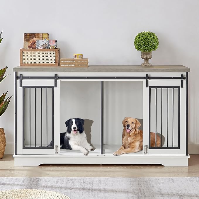 61'' Double Dog Crate Furniture for 2 Dogs, Large Double Dog Kennel Furniture TV Stand, Heavy Duty Dog Crate, Furniture Style Dog Crate End Table, Wood Crates for Dogs Kennel Indoor