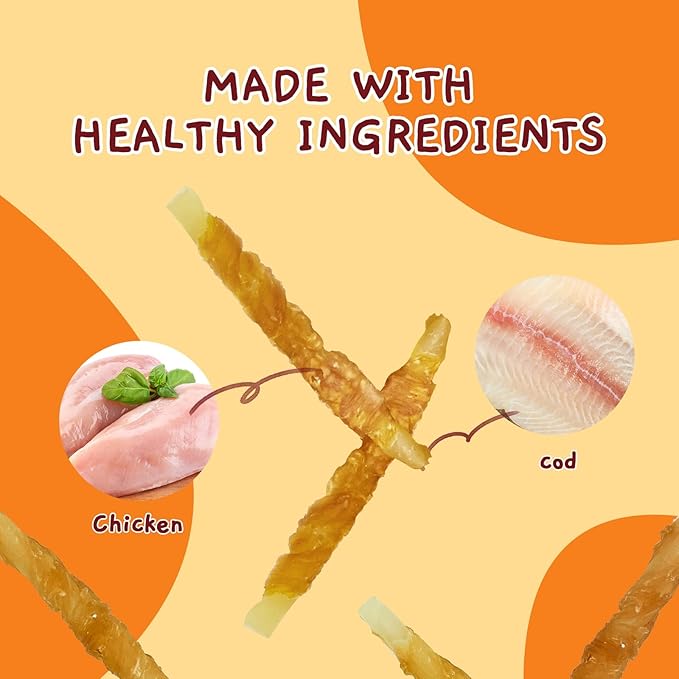Jungle Calling Rawhide Free Healthy Treats for Dogs, Chicken Wrapped Cod Sticks Dog Treats, Soft Chewy Treats for Training Rewards, 10.6 oz (Chicken)
