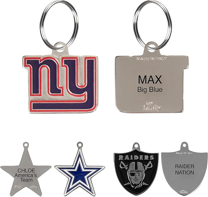 NFL New York Giants Engraving Pet ID Tags in 32 Team Logo Shapes Personalized Dog Tags and Cat Tags with 3 Lines of Customizable Text for Tracking & Safety. Stainless Steel Pet ID Tracking Tags