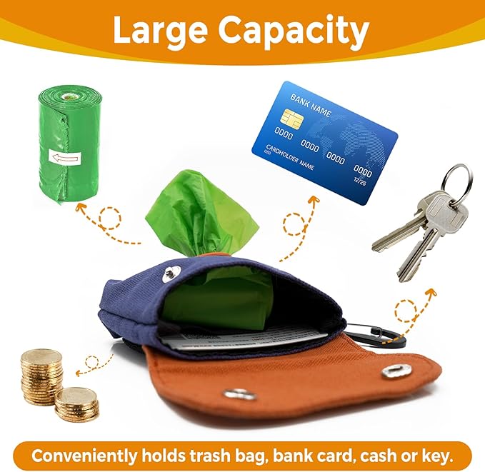 Dog Poop Bag Holder, Portable Dog Poop Bag Dispenser with 1 Metal Clip, Orange Button Canvas Poop Pag Polders for Leashes