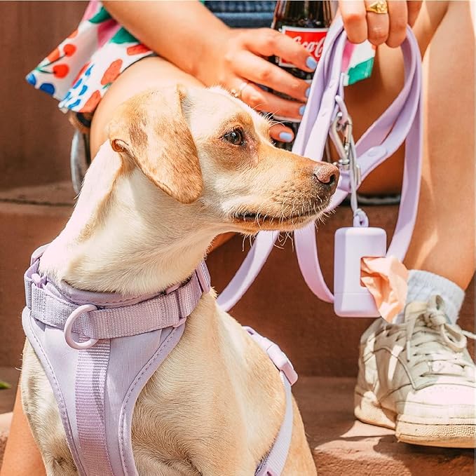 Wild One Dog Poop Bag Holder and Dispenser with Leash Attachment, Leak Proof, Easy Twist Top for Refills, Includes 1 Box Poop Bags, Lilac