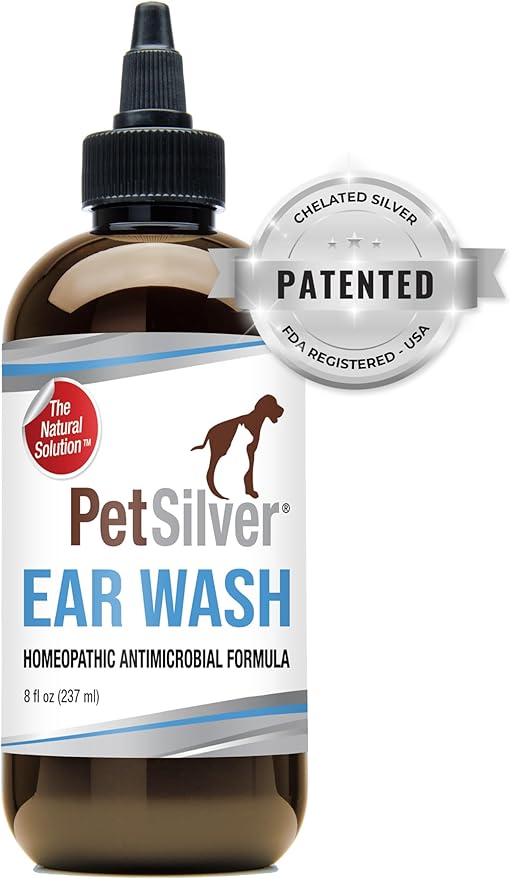 PetSilver Natural Ear Wash Flush with Patented Chelated Silver Formula, Cat and Dog Ear Cleaner and Treatment, Sooth and Clean Itchy and Inflamed Ears, Easy to Use, Made in USA, 8 oz.