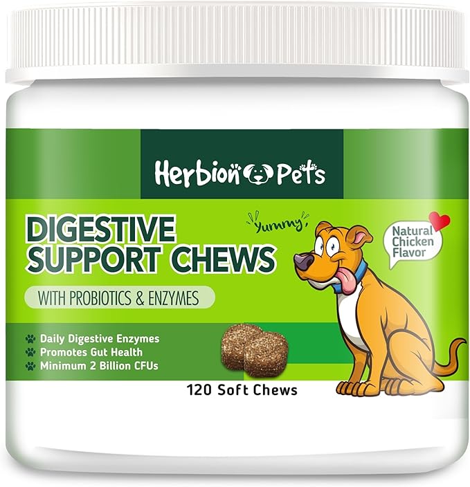 Herbion Pets Digestive Support Chews with Probiotics and Enzymes, 120 Soft Chews - with Daily Digestive Enzymes - for Improved Gut Health - Minimum 2 Billion CFUs - Made in USA - for Dogs 12 Weeks+