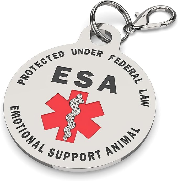 DOUBLE SIDED Small Breed Emotional Support Animal ESA Tag Red Medical Alert Symbol and Protected by Federal Law .999 inch ID Tag. Easily switch between collars harness and vest.