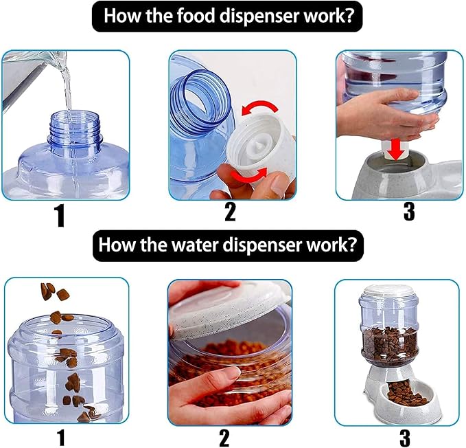 Automatic Feeder and Water Dispenser in Set,Gravity Food Feeder and Waterer with Pet Food Mat,Large, 3 Gallonx 2, Gray (Water and Food Dispenser Set)
