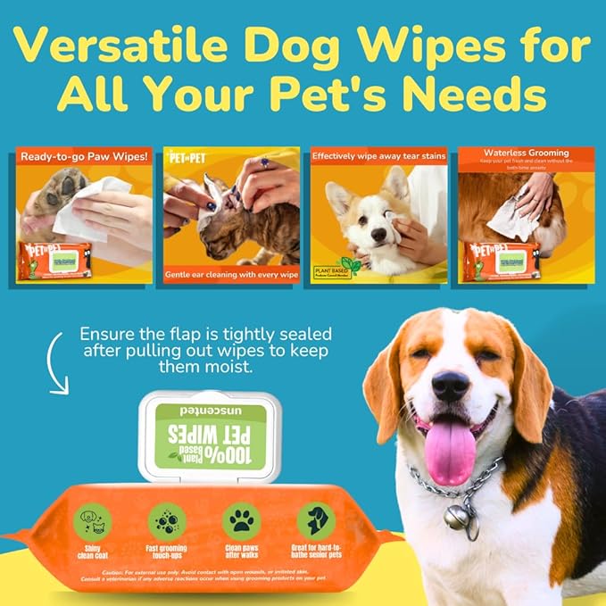 PET N PET 100% Plant Based Dog Wipes for Paws and Butt, 100 Counts Dog Pet Wipes, 8" x 8" Hypoallergenic Unscented Dog Wipes, Cleaning Deodorizing Cat Wipes, Puppy Wipes, Dog Paw Wipes, Dog Face Wipes