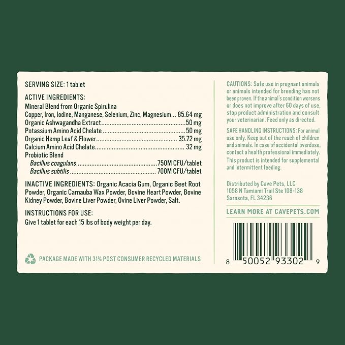 Super Chomp Tablets, Dog Probiotic Supplement for Digestive Health and Natural Relaxation, Multi-Glandular & Hemp