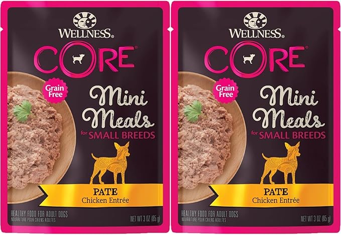 Wellness CORE Mini Meals Grain Free Small Breed Dog Wet Food 3oz Pate Chicken Entree, Chunky Chicken and Liver, Shredded Chicken Turkey Dinner in Gravy 3 Flavors 6 Pack Plus Newspaper Plush Dog Toy