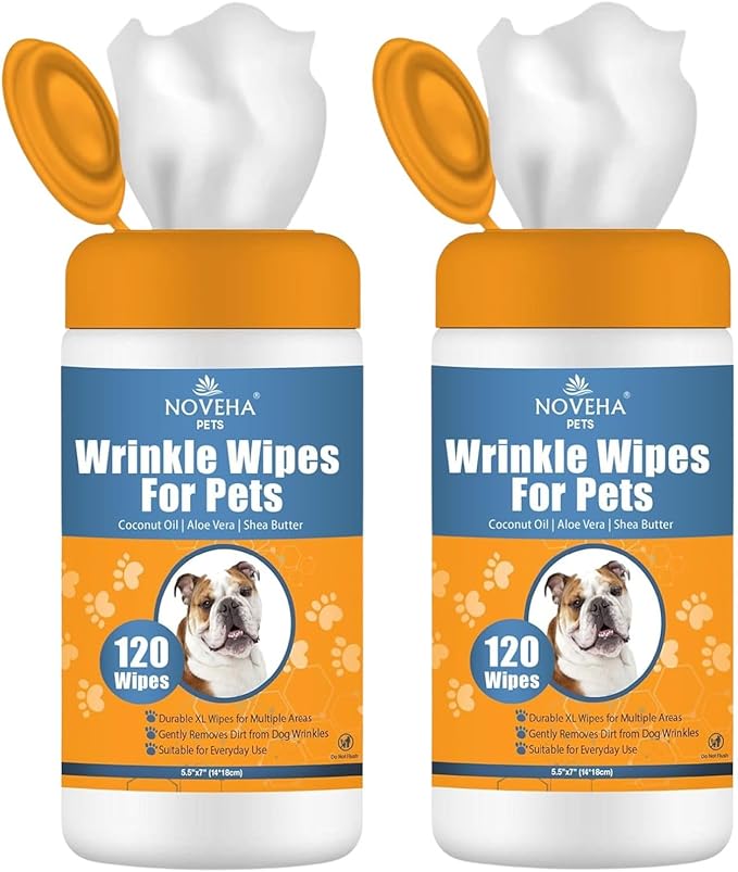 NOVEHA 240 Wrinkle XL Wipes for Dogs | Wrinkle Wipes for Bulldog, French Bulldog, Pug, Bulldog – Wipes for Multiple Areas Removes Dirt, Wrinkles, Folds, Tear Stain, Tail Pockets & Paws