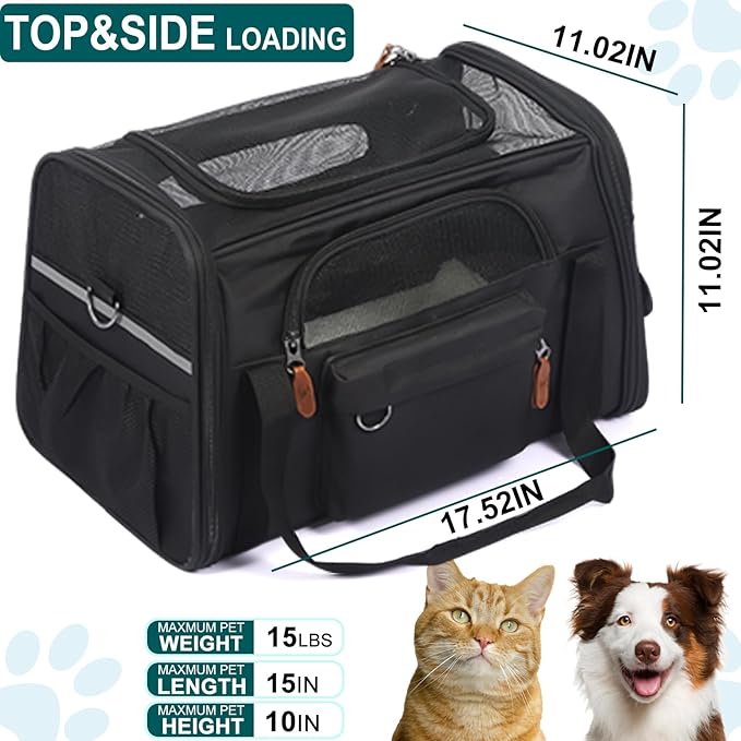 Pet Carrier for 2 Kittens/Large Cats Up to 20 lbs Maximum/Soft-Sided Small Dog Travel Top Entry/Sturdy Collapsible Carrier Bag for Medium Cats