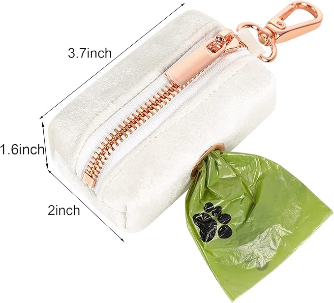 ARING PET Velvet Dog Waste Bag Holder, White Doggy Poop Bags Dispenser Attach to Any Leashes, Portable Washable Pet Waste Pouch Dispenser with Metal Zipper