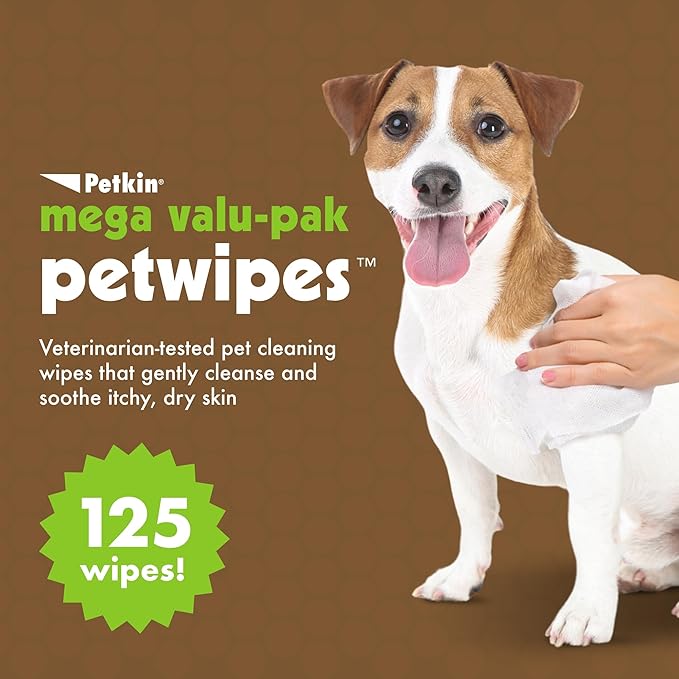 Petkin Mega Val-Pak Pet Wipes, 125 Wipes - Oatmeal Pet Wipes for Dogs and Cats - for Face, Paws, Ears, Body and Eye Area - Super Convenient Dog Cleaning Wipes, Ideal for Home or Travel - Easy to Use
