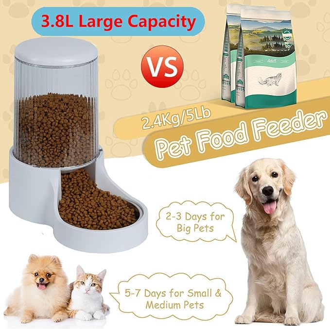 Automatic Cat Feeder, 3.8L Large Automatic Cat Feeders Gravity Cat Food Dispenser with Detachable Top Lid, Visible Bottle and Stainless Steel Bowl for Cat, Dog and Pet (White)