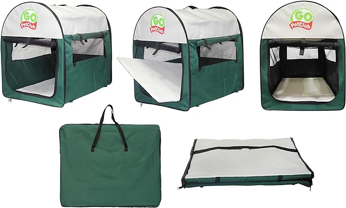 Go Pet Club 38" Rounded Top Soft Collapsible Dog Crate, Portable Pet Carrier, Thick Padded Pet Travel Crate for Indoor & Outdoor, Soft Sided Pet Foldable Kennel Cage with Durable Mesh Windows, Green