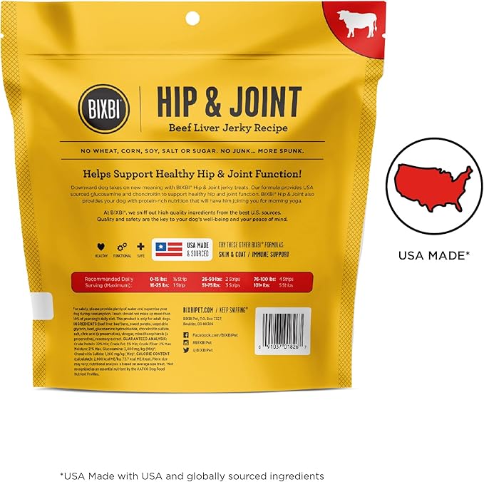 BIXBI Hip & Joint Support Beef Liver Jerky Dog Treats, 12 oz - USA Made Grain Free Dog Treats - Glucosamine, Chondroitin for Dogs - High in Protein, Antioxidant Rich, Whole Food Nutrition, No Fillers