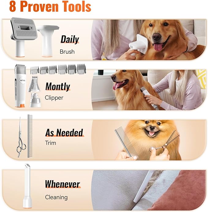 Afloia Dog Grooming Kit, 8 in 1 Dog Brush Vacuum Attachment with Dog Clippers Nail Trimmer Grinder Pet Brush Shedding Brush Comb & Scissors,for Vacuum Cleaners Like Dyson, Shark, Bissell, Eureka, etc