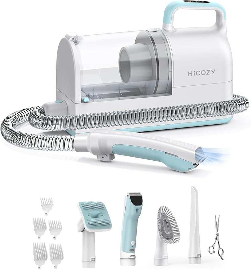 Hicozy S1+ Dog Grooming Vacuum, Minimum 45dB Pet Friendly Cozy Mode™, 12Kpa/120V AC Dog Hair Vacuum with 2L Dust Cup, 6 Professional Grooming Tools Pet Vacuum Grooming Kit, Blue