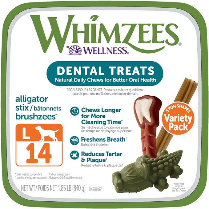 WHIMZEES by Wellness Large Dental Chews Variety Box: All-Natural, Grain-Free, Long Lasting Treats with Grooved Design for Improved Cleaning – Freshens Breath & Reduces Plaque, 14 Count, standart