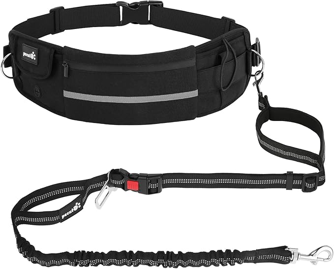 Pecute Hands Free Dog Leash with Pouch, Waist Belt Fanny Pack with Soft Pads, Dual Padded Handles and Durable Bungee for Walking, Hiking, Jogging Biking, and Running (Up to 220lbs) Black