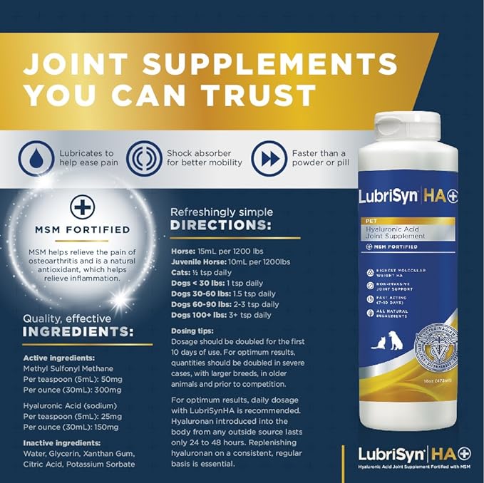 LubriSyn Hyaluronic Acid + MSM Joints Supplement, 16oz: Natural Pure HA Liquid Dog and Cat Joint & Cartilage Support, Relief, and Lubrication for Pets Including Dogs, Cats and Horses, Vegan Formula