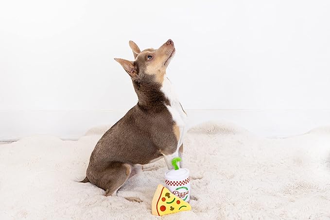 Pearhead Puperoni Dog Toys, Set of 2, Plush Chew Toys, for Pets, Pizza and Drink Dog Toy Set, Must Have Pet Accessories for Dog Owners, Squeaker Toys, All Breeds